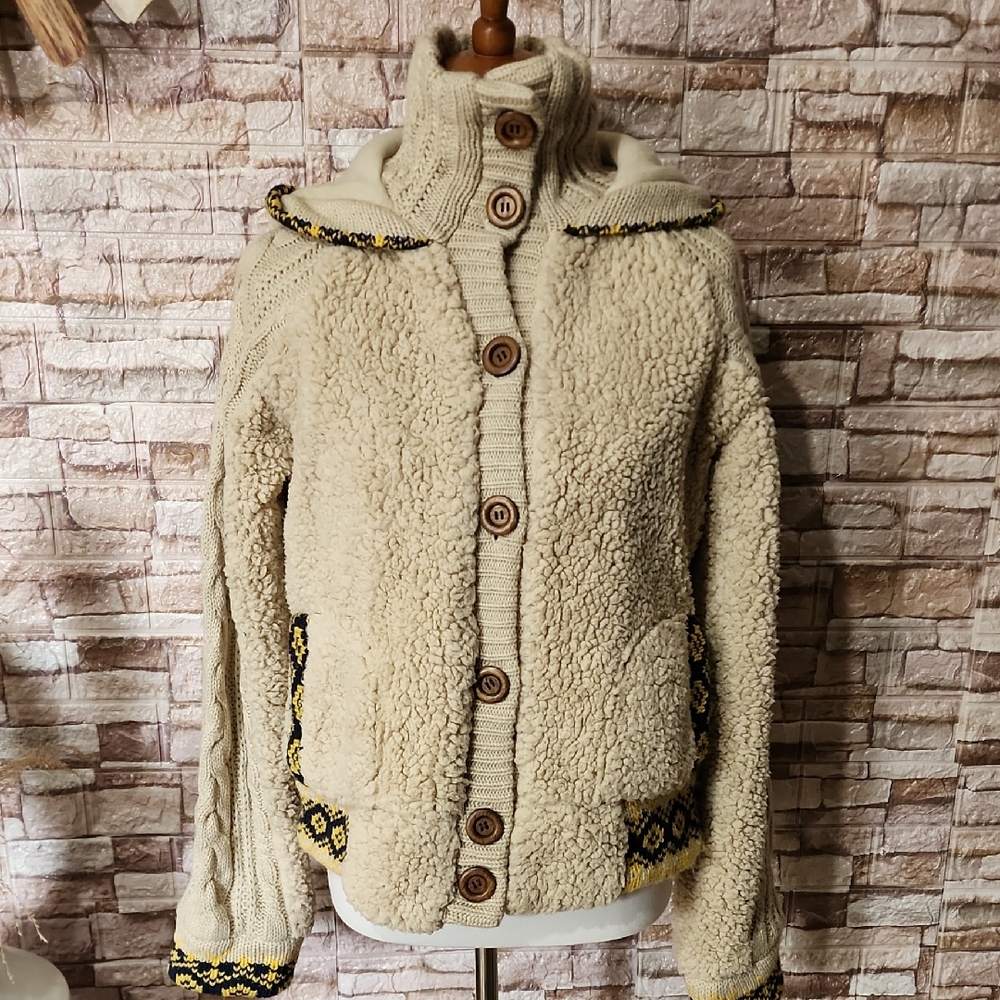 Jack BB Dakota Cozy Cream/ Tan  Knit Hoodie Jacket with Button Details